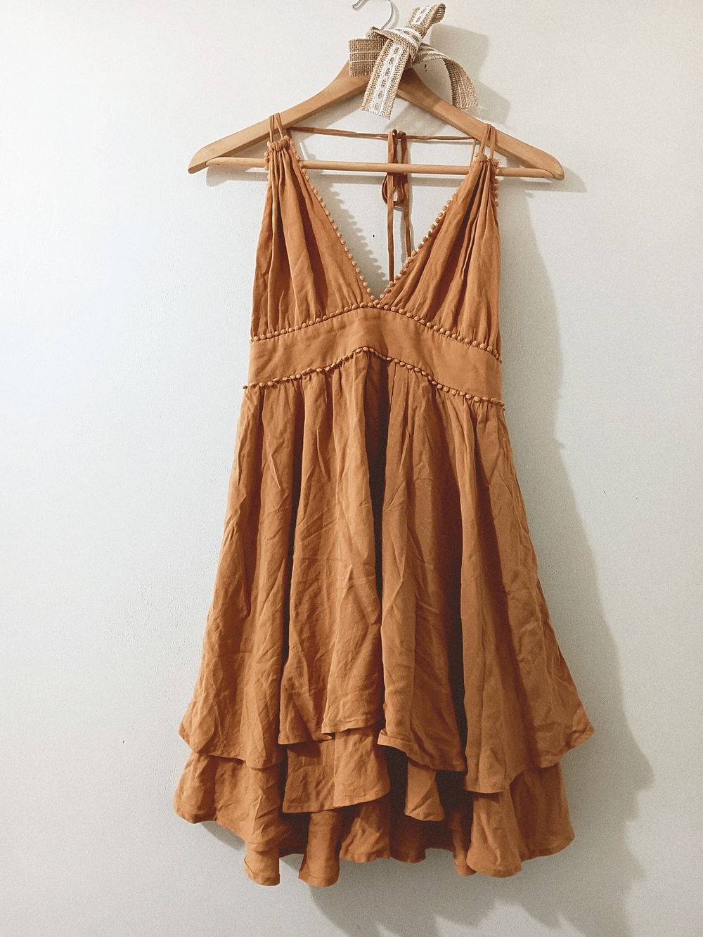 Mustard Seed Pom Trim Plunge Neck Tie Back Boho Western Ruffle Tiered Mini Dress